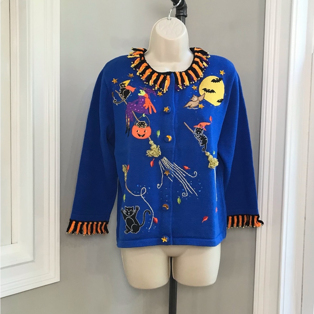 Vintage Berek Blue Halloween Cardigan Sweater ~ Womenโs Medium